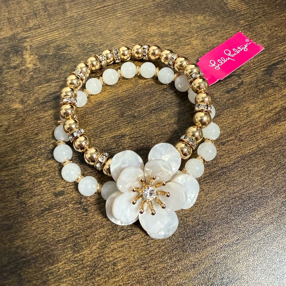 Lilly Pulitzer Gold and White Beaded Bracelet Set with White Enamel Flower